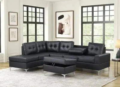 Black L Shaped Sectional With Drop Down Cupholders, and Storage Ottoma