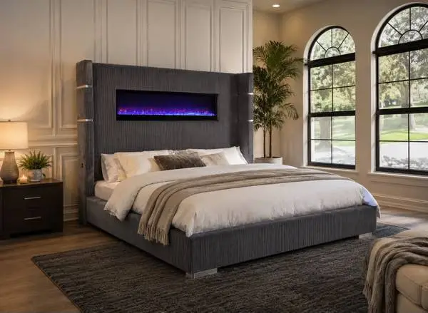 Grey Eastern King Fireplace Bed