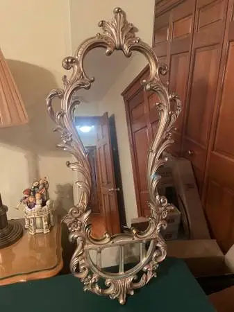 SYROCO – LARGE WALL MIRROR #3343 WITH BRASS PLANTER FRONT – 1950’s