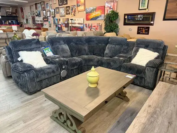 Grey Corduroy Power Reclining Sectional with Changing LED Lights and B