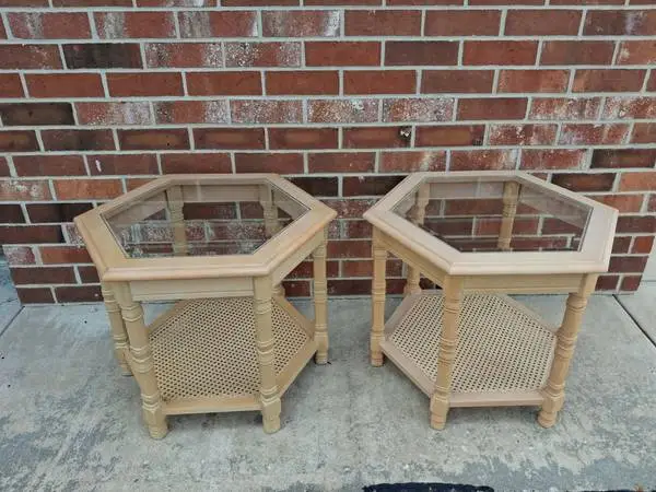 Pair of Vintage Faux Bamboo Hexagon Shape End Tables / Beveled Glass.