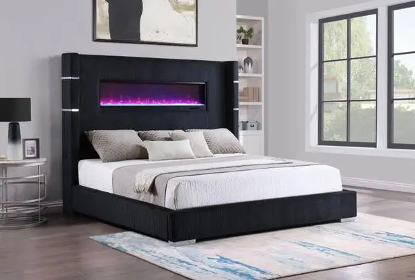 King Black Corduroy Bed With 16 color Option Fireplace Built In