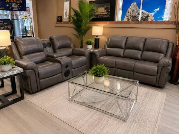 Grey Manual Reclining Sofa and Loveseat With Built in Speakers and LED
