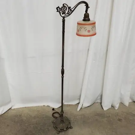 Vintage 1930s Bridge Arm Cast Bronze Floor Lamp w/Original Shade
