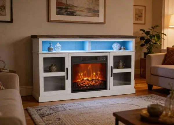 White TV Stand with Electric Fireplace