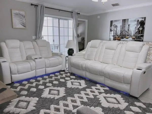 White Power Reclining Sofa and Loveseat With Power Headrests, and USB