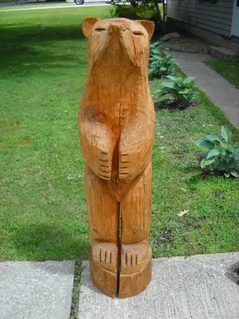 CUSTOM CARVED WOOD BEAR/CERAMIC DOG