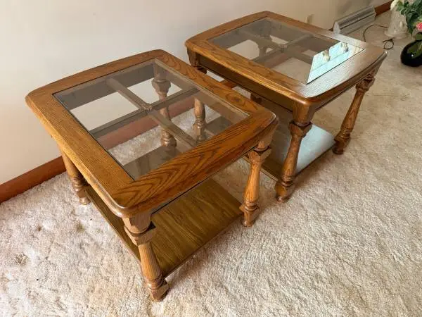 PAIR Glass-Topped Oak End Tables