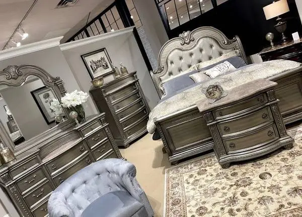 High End Solid Wood King Bedroom Set With Real Marble Tops!