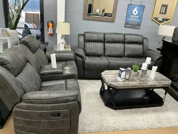 Grey Manual Polished Microfiber Sofa And Loveseat