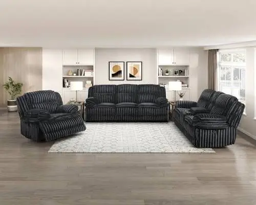 BLACK CORDUROY SUPER SOFT SOFA LOVESEAT AND ROCKING RECLINER