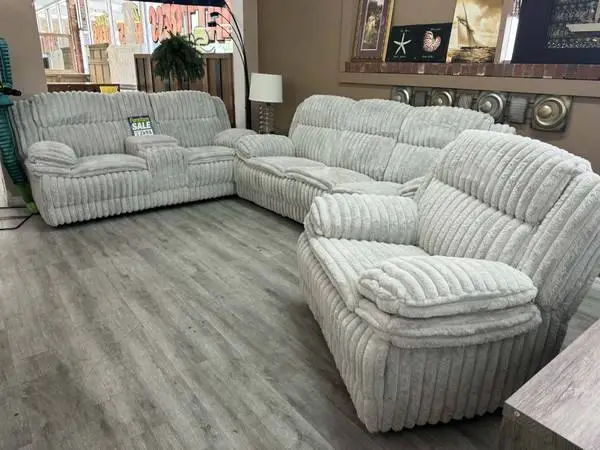 LIGHT GREY CORDUROY SUPER SOFT SOFA LOVESEAT AND ROCKING RECLINER