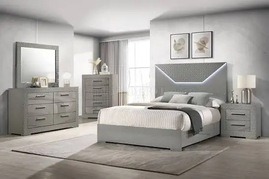 Glossy Grey Bedroom Set With LED Headboard