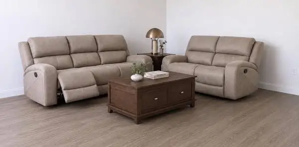 Tan Polished Microfiber Manual Reclining Sofa nd Loveseat