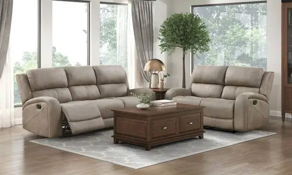Tan Polished Microfiber Manual Reclining Sofa nd Loveseat