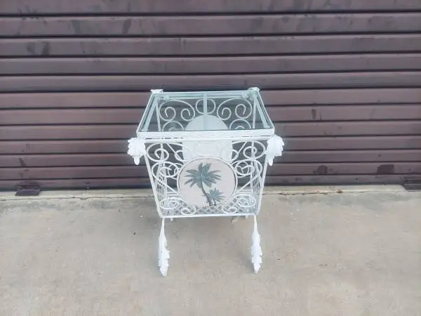 White Wrought Iron Patio Stand with Magazine Rack - Glass Top.