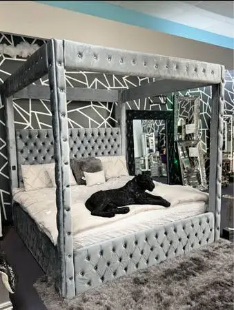 King Size Silver Velvet Canopy Bed With Bluetooth Speaker USB Charger