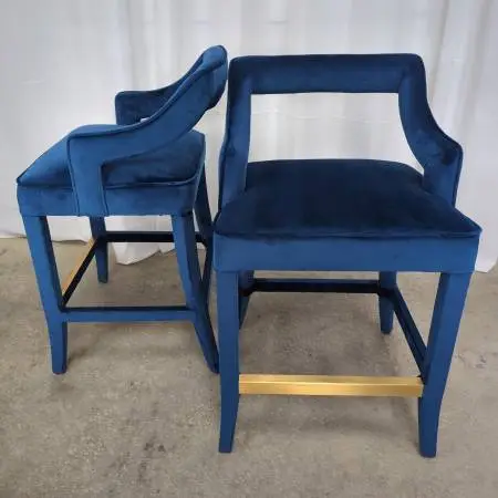 Pair of tov Tiffany Royal Blue Velvet Counter Stools w/Brass Footrest