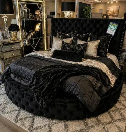 Black Velvet Round Bed With Storage Sides