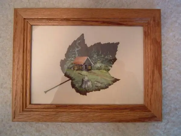 Painting of a Log Cabin on a Maple Leaf, Used, Excellent Condition