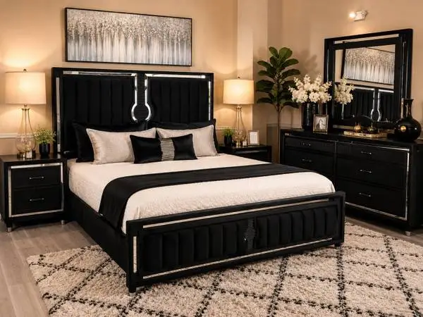 Velvet Upholstered King LED Bedroom Set