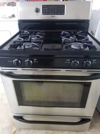 Gas stove . Refurbished , less w/ trade .5 burner . Buy old Appliance.