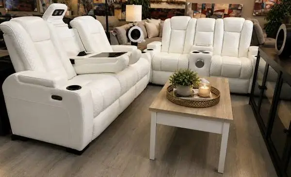 White Power Reclining Sofa and Loveseat With Power Headrests, and USB