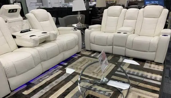 White Power Reclining Sofa and Loveseat With Power Headrests, and USB