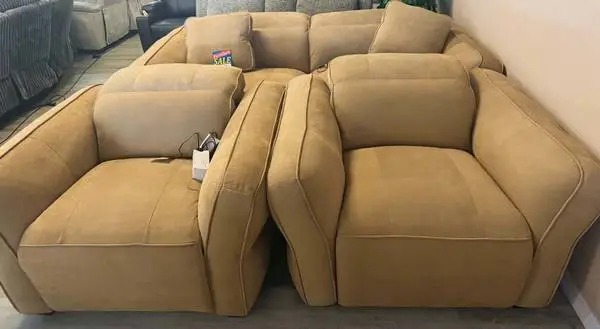 High End Tan Suede Over Sized Loveseat and 2 Recliners. With Power Rec