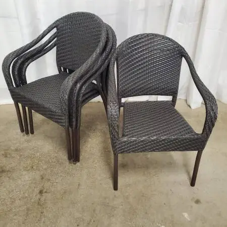 Set of 4 Frontgate Café Curved Back Wicker Stacking Chairs in Bronze