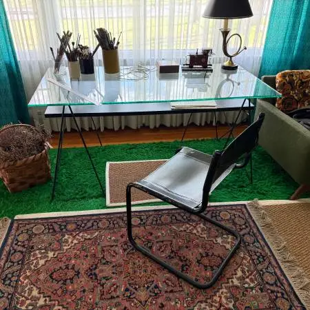 Trestle legged post modern Max Sauze style glass topped desk drafting