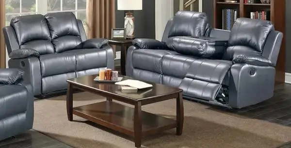 Grey Manual Reclining Sofa and Loveseat With Drop Table