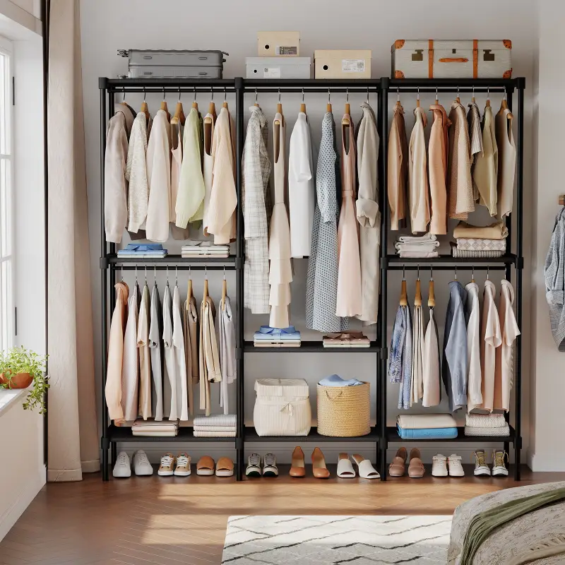 72"-81" Portable Wardrobe Closet Organizer, 3-Row Clothing Rack with Hanging Rods, Adjustable Hooks