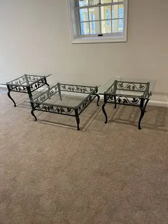 Set of Green Wrought Iron Coffee Table and End Tables with Glass Top