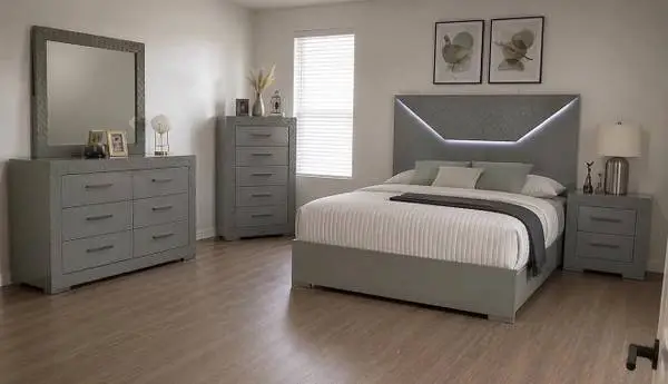 King Size Glossy Grey Bedroom Set With LED Headboard