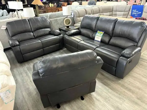 Grey Manual Reclining Sofa and Loveseat With Drop Table