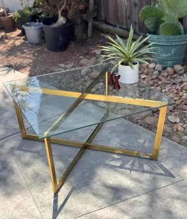 West Elm Mid Century Modern Brass & Glass X-Base Coffee Table