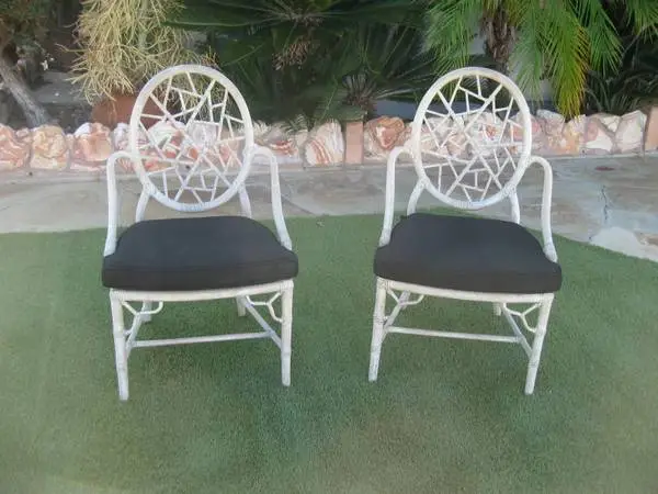2-Vintage McGuire-Cracked Ice-Rattan Dining Chairs-w/ Custom Cushions