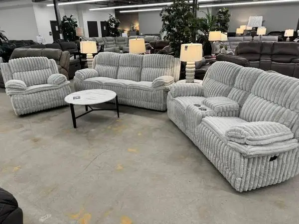 Manual Reclining Light Grey Corduroy Sofa, Loveseat, and Rocking Recli