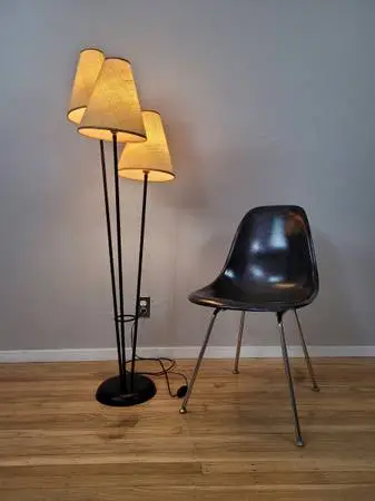 Vintage 1960s Mid Century Modern Black Tripod Cone Shade Floor Lamp