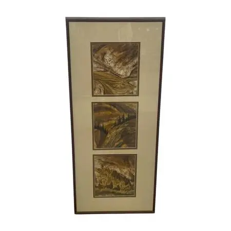 Louise Lou Wilson Signed Batik Art Triptych, Framed Nature Landscape.