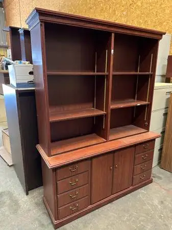 Heavy Duty Cherry Color Office Credenza Cabinet with Hutch