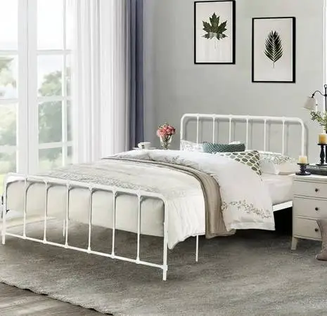 King Metal Bed Frame Vintage Boho Farmhouse, White