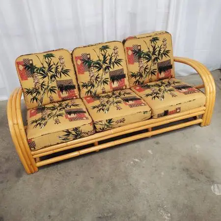 Mid-Century Reed Art SF Bent Bamboo Sofa w/Original Cushions