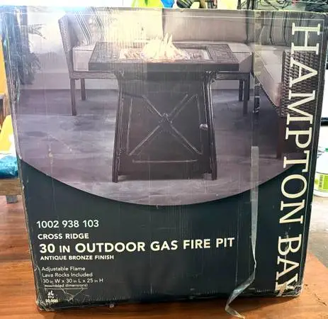 New in Box Hampton Bay Propane Fire Pit w/ Cover and deco blue glass