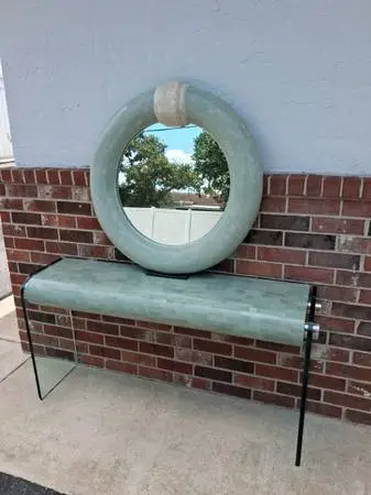Maitland Smith Tesselated Marble Console Table Floats on Glass Legs.