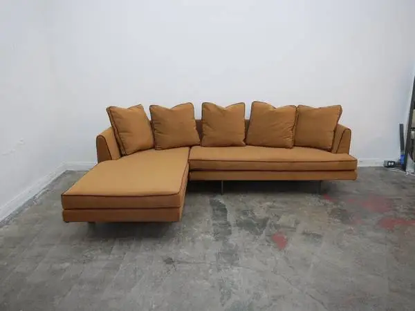 Custom Upholstered Burnt Orange Bensen Sectional Sofa w/ Contrast Pipi