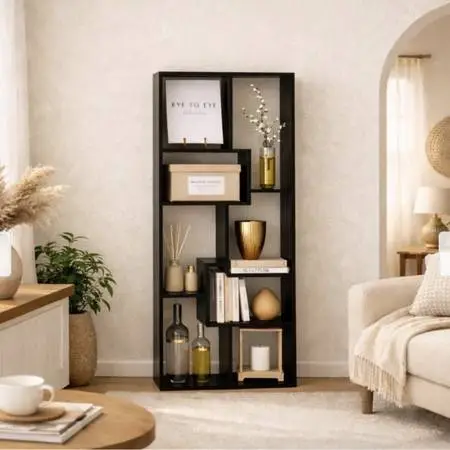 Contemporary Asymmetrical Black Cube Bookcase Shelf Unit Stand