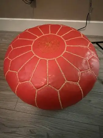 Moroccan Leather Pouf Ottoman, Red, Handmade with Embroidered Medallion