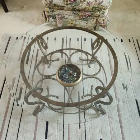 Vintage Glass Coffee Table – Twisted Metal Frame w/ Decorative Center